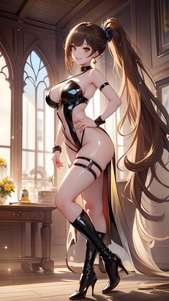 (((masterpiece, ultra HD, high resolution, ultra HD 8K))), (((one beautiful woman, pretty face, tall, beautiful body, sparkling brown eyes, eye highlights, very long eyelashes))), standing, cowboy shot, (((very large breasts))), (((race queen))), pelvic curtain, crossed halter neck, thigh straps, (((brown knee socks))), arm bands, (((shiny brown long hair, bangs, side ponytail))), (((cute and charming smile))), ((cute and big earrings, black high heels)), (((sexy pose)))