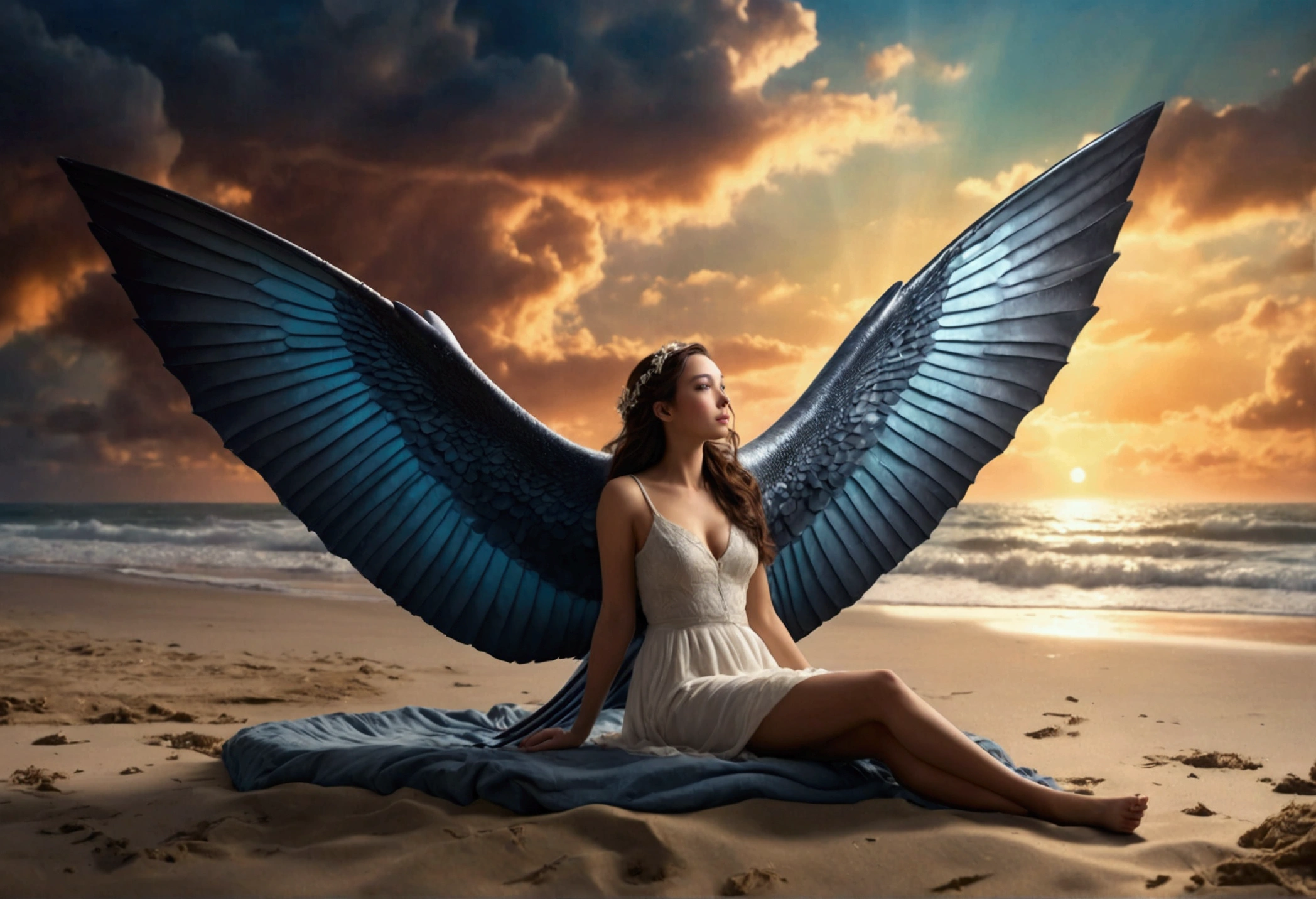 A sky whale, enormous wings, a woman lying on the beach watching its majestic flight, dreamy skies, (best quality,8k,highres,masterpiece:1.2),ultra-detailed,(realistic,photorealistic,photo-realistic:1.37),HDR,UHD,studio lighting,ultra-fine painting,sharp focus,physically-based rendering,extreme detail description,professional,vivid colors,bokeh,fantasy,surreal,cinematic,dramatic lighting,glowing,volumetric lighting,atmospheric,moody,cinematic composition,dramatic perspective