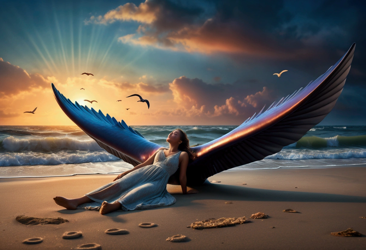A sky whale, enormous wings, a woman lying on the beach watching its majestic flight, dreamy skies, (best quality,8k,highres,masterpiece:1.2),ultra-detailed,(realistic,photorealistic,photo-realistic:1.37),HDR,UHD,studio lighting,ultra-fine painting,sharp focus,physically-based rendering,extreme detail description,professional,vivid colors,bokeh,fantasy,surreal,cinematic,dramatic lighting,glowing,volumetric lighting,atmospheric,moody,cinematic composition,dramatic perspective
