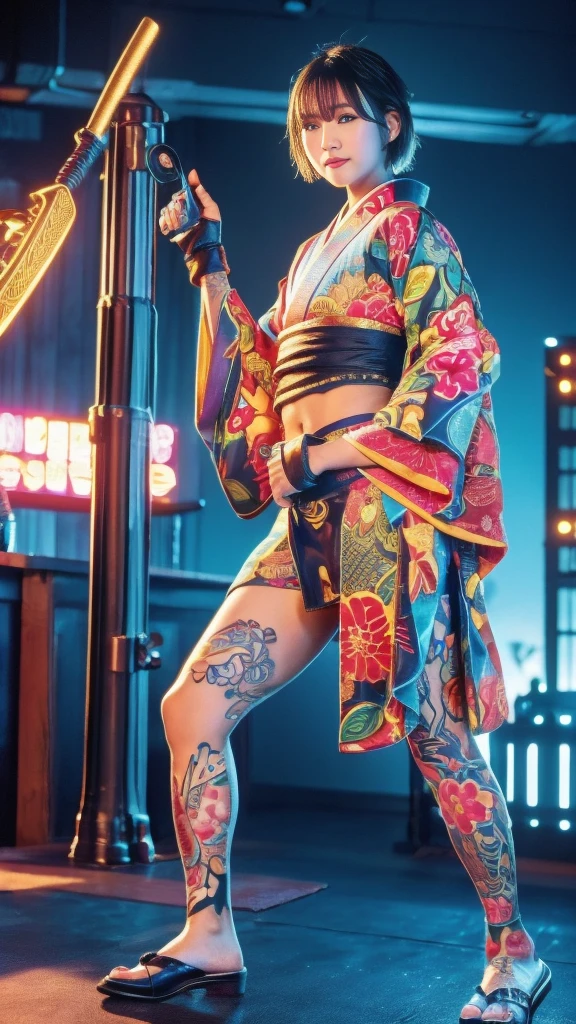 Beautiful Thai-Melanesian woman, (16 years old), Mixed Martial Arts, (navel baring, wearing cute kimono:1.3), (MMA gloves), Fit, (muscles:1.2), Athletic feminine body, Female fitness model body, Tokyo landmarks in the background, Masterpiece, Perfect lighting, Ultra high resolution, 8K, She is an exceptional MMA fighter, Hard toned feminine body, (Short hair, short bob, straight bangs:1.2), (Smiling sexy for the camera), (Very sexy pose), (Kung fu fighter in fighting stance, holding very large weapon, wearing very large weapon, standing with very large weapon, raising very large weapon:1.4), (Tattoos all over body, Japanese tattoos on 80% of body:1.4), Red lips, Red high heels, Necklace, Earrings, (Very detailed:1.4), Front view, Looking at camera, Pensive expression, (Tokyo city, many people in the background),