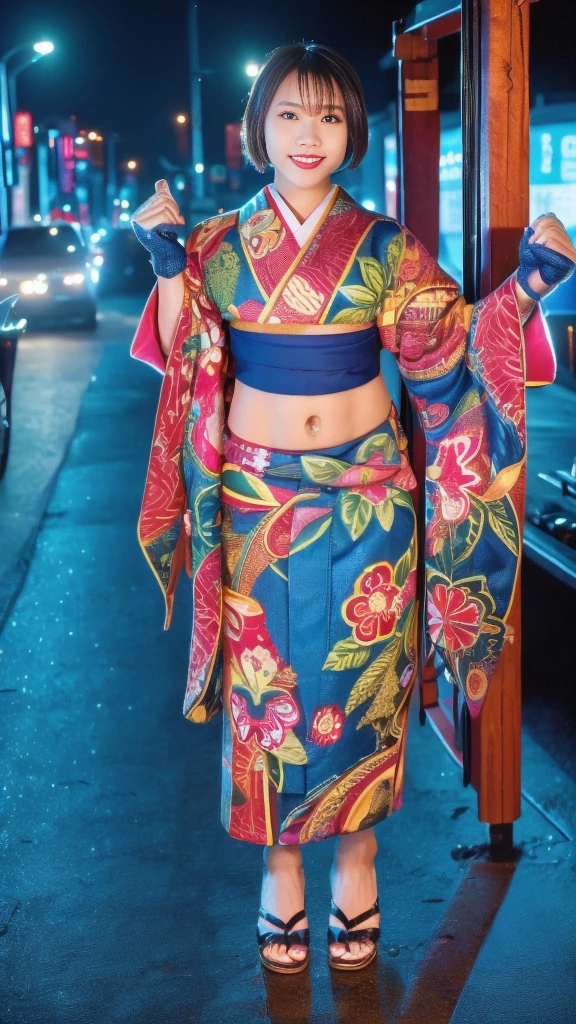 Beautiful Thai-Melanesian woman, (16 years old), Mixed Martial Arts, (navel baring, wearing cute kimono:1.3), (MMA gloves), Fit, (muscles:1.2), Athletic feminine body, Female fitness model body, Tokyo landmarks in the background, Masterpiece, Perfect lighting, Ultra high resolution, 8K, She is an exceptional MMA fighter, Hard toned feminine body, (Short hair, short bob, straight bangs:1.2), (Smiling sexy for the camera), (Very sexy pose), (Kung fu fighter in fighting stance, holding very large weapon, wearing very large weapon, standing with very large weapon, raising very large weapon:1.4), (Tattoos all over body, Japanese tattoos on 80% of body:1.4), Red lips, Red high heels, Necklace, Earrings, (Very detailed:1.4), Front view, Looking at camera, Pensive expression, (Tokyo city, many people in the background),