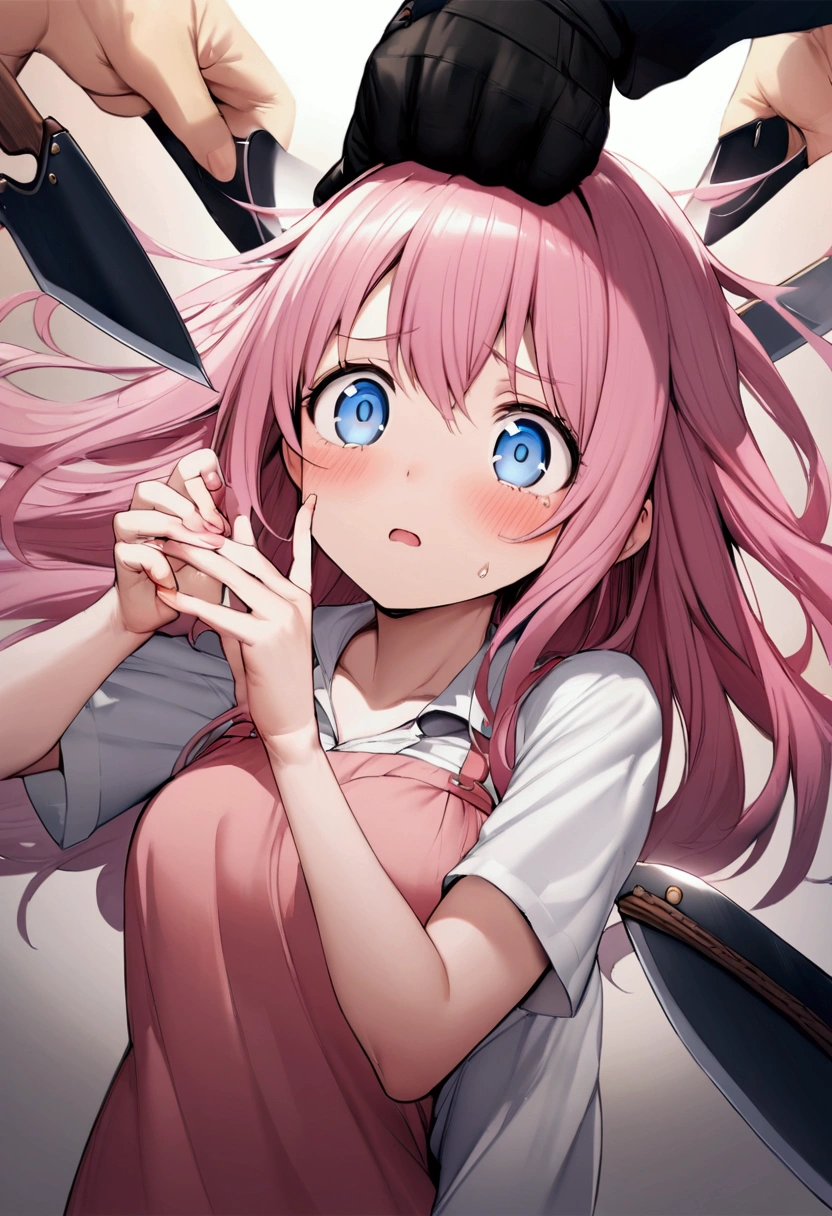Knife at the throat、Being threatened、Teary-eyed pink-haired girl、blue eyes、The perpetrator touched her body