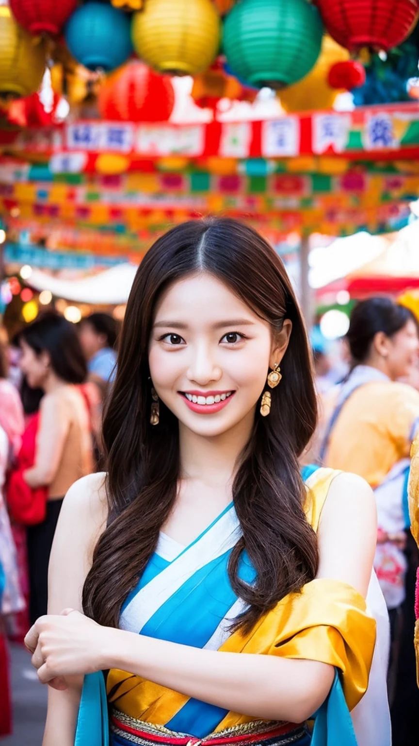 “A beautiful woman with a large chest wearing a traditional festival happi , smiling and enjoying the festival atmosphere. She has long, flowing hair and is standing against a backdrop of colorful festival decorations and lanterns. The scene is lively and vibrant, capturing the essence of a traditional Japanese festival.”
