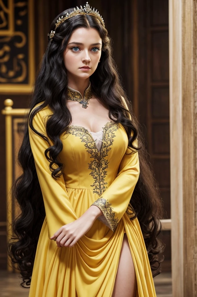Beautiful noblewoman. Beautiful. House Baratheon. Yellow Dress and black. Long black hair curly and blue eyes. White skin. Dress sexy. Europan face. House Baratheon of Game of Thrones. Blue eyes. Look camara