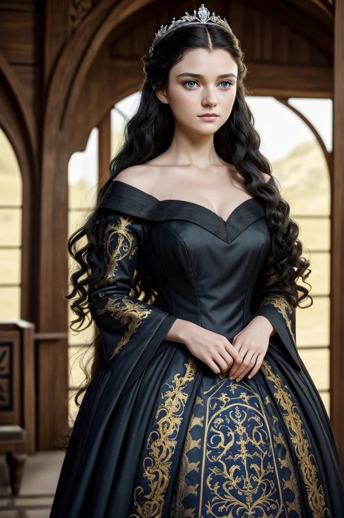 Beautiful noblewoman. Beautiful. House Baratheon. Yellow Dress and black. Long black hair curly and blue eyes. White skin. Dress sexy. Europan face. House Baratheon of Game of Thrones. Blue eyes. Look camara
