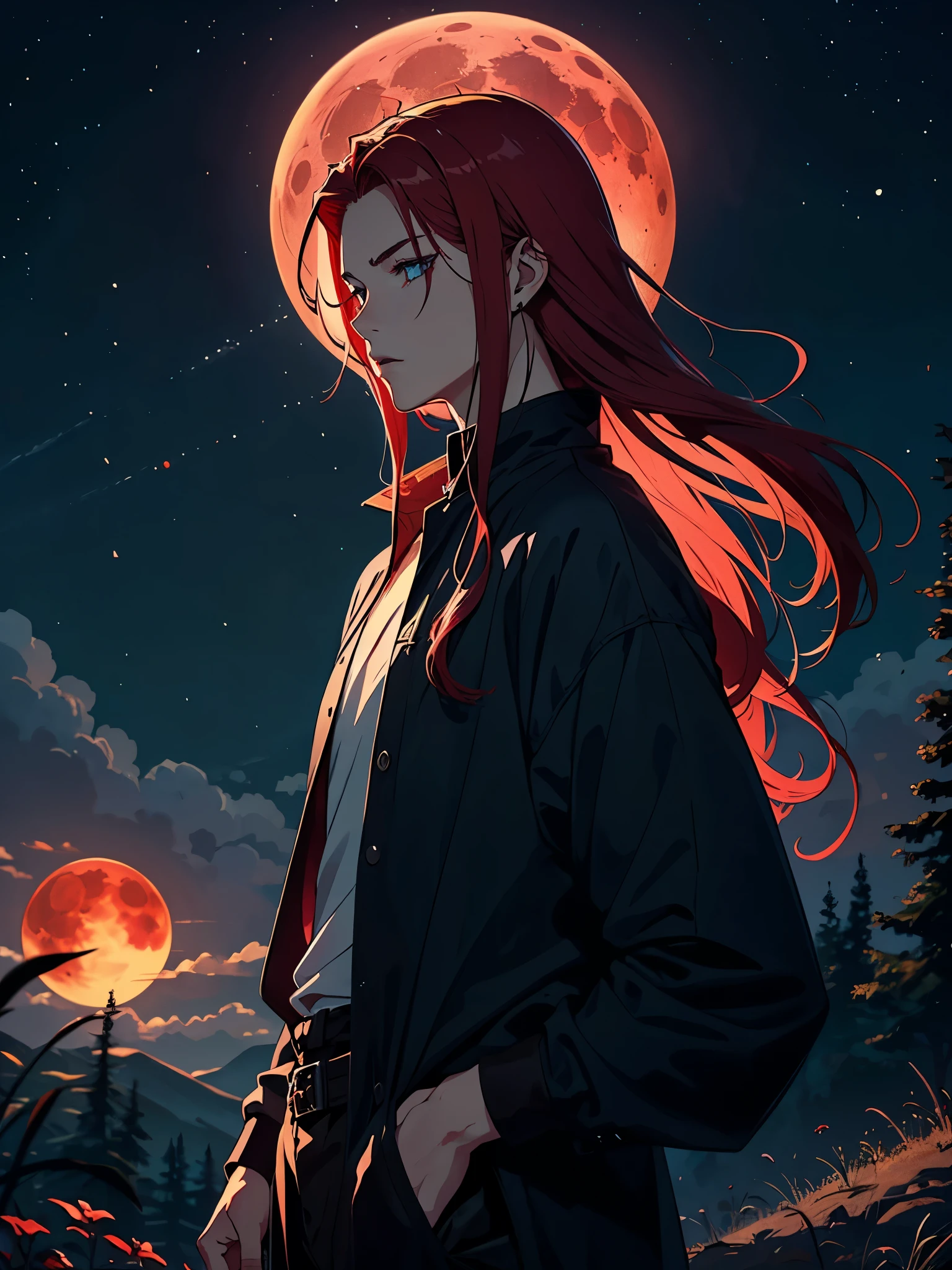 Nordic mythology. Blue 火. 火red hair. Red hair. Red eyeliner. Blood Moon. More anime. male. Long hair. Boy.