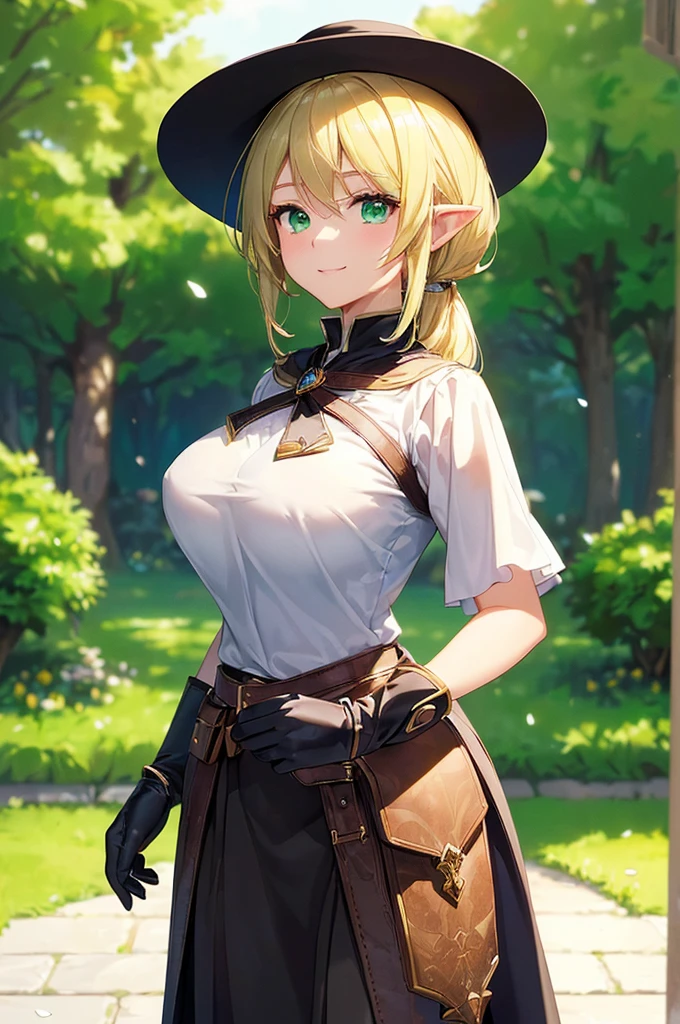 (((masterpiece; best quality: 1.2))), (finely detailed eyes: 1.3), (25 year old elf woman), (solo), (green eyes: 1.4), (body; big breasts, fit, femenine: 1.3), (silky blonde hair in low ponytail: 1.3), (beautiful and clear background: 1.2), ((depth of field)), (equipment: adventurer garb + modest + elegant wide-brimmed hat + dark blouse + dark cape + black long skirt + gloves + belt + pouches: 1.3), (anime illustration: 1.2), (background composition; royal garden: 1.1), (extremely fine and beautiful: 1.1), (shot composition; standing + centered on torso + close-up: 1.5), (expression; calm, smile: 1.2)