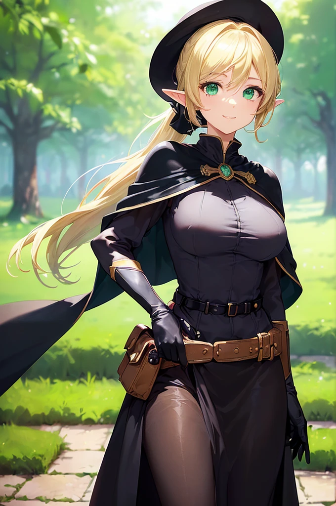 (((masterpiece; best quality: 1.2))), (finely detailed eyes: 1.3), (25 year old elf woman), (solo), (green eyes: 1.4), (body; big breasts, fit, femenine: 1.3), (silky blonde hair in low ponytail: 1.3), (beautiful and clear background: 1.2), ((depth of field)), (equipment: adventurer garb + modest + elegant wide-brimmed hat + dark blouse + dark cape + black long skirt + gloves + belt + pouches: 1.3), (anime illustration: 1.2), (background composition; royal garden: 1.1), (extremely fine and beautiful: 1.1), (shot composition; standing + centered on torso + close-up: 1.5), (expression; calm, smile: 1.2)