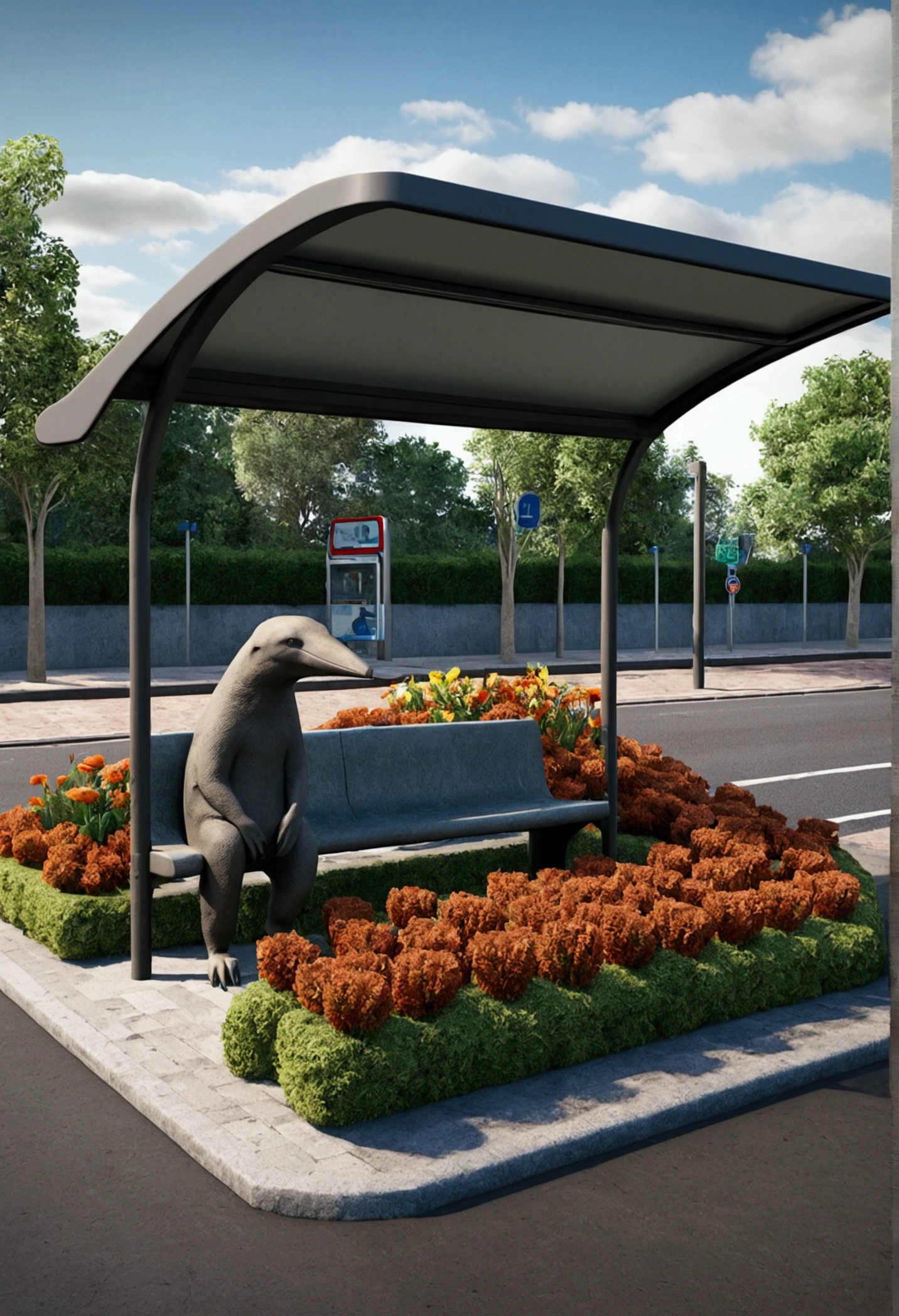 make a 3d model of a bus stop with a flowerbed around it and a statue of an anteater