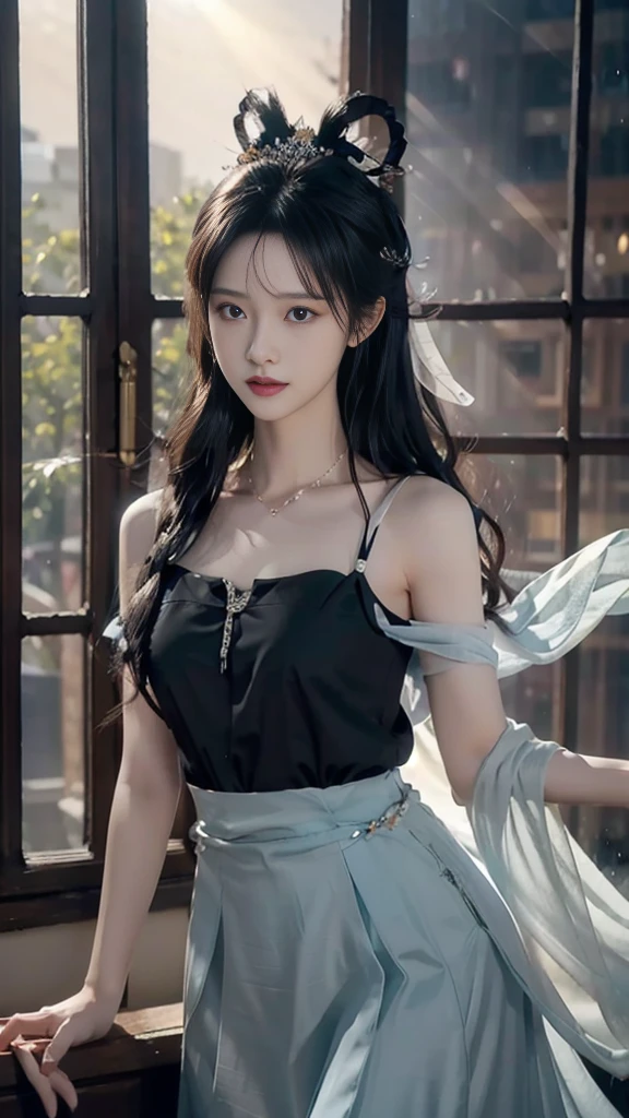  night, Deep blue sky, light black dress, short and shining skirt l below chest, beautiful light black shining short shirt, long black hair, long hair and waist, Beautiful girl, God, White headdress, standing front of window , seeing outside window, raining season, beautiful and sexy figure ,hair, side fringe, scarf, hair ornament, Forehead Gem, Baolai Jewelry Branch, crescent hair ornament, fish hair ornament, God ray, flash, movie lighting, Lens flare, Ultra HD, High Detail, high quality, high resolution, best quality, 8K, 16K, High Detail, high quality, high quality, Super Detail, Anatomically correct, masterpiece, precise
