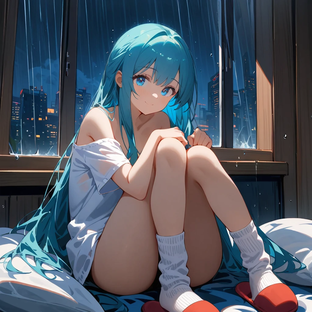 (masterpiece, best quality:1.2), 1girl, slippers, solo, blue_eyes, sitting, smile, window, looking_at_viewer, off_shoulder, white_shirt, blue_hair, white_socks, closed_mouth, bangs, loose_socks, indoors, knees_together_feet_apart, bare_shoulders, night, full_body, short_sleeves, rain, bare_legs, water_drop, very_long_hair, topless