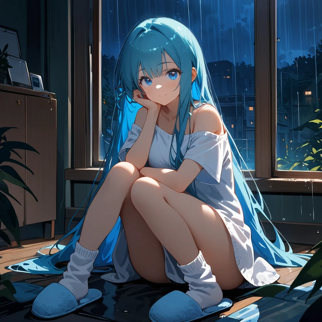 (masterpiece, best quality:1.2), 1girl, slippers, solo, blue_eyes, sitting, smile, window, looking_at_viewer, off_shoulder, white_shirt, blue_hair, white_socks, closed_mouth, bangs, loose_socks, indoors, knees_together_feet_apart, bare_shoulders, night, full_body, short_sleeves, rain, bare_legs, water_drop, very_long_hair, topless