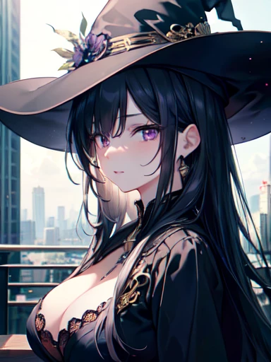 (Highest quality,4K,8k,High resolution,masterpiece:1.2),Very detailed,Realistic, Beautiful attention to detail,Beautiful lip detail,Very detailed目と顔,Long eyelashes, One girl, Long black hair, Purple eyes, Witch wearing, null, city, High resolution,超High resolution,Studio Lighting,Ultra-fine painting,Sharp focus,Physically Based Rendering,Very detailed説明,Professional,Vibrant colors,Bokeh, Portraiture、Large Breasts