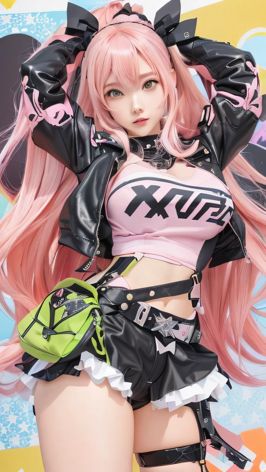 anime girl with pink hair and black leather jacket holding a green bag, anya from spy x family, rogue anime girl, best anime 4k konachan wallpaper, anime monster girl, top rated on pixiv, badass anime 8 k, pixiv, marin kitagawa fanart, biomechanical oppai, oppai cyberpunk, trending on artstation pixiv