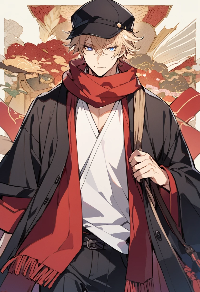 Solo, 1 male, light blonde hair, light blue eyes, white botton shirt, black cap, black pant, black haori, red scarf, taisho roman, Japanese
