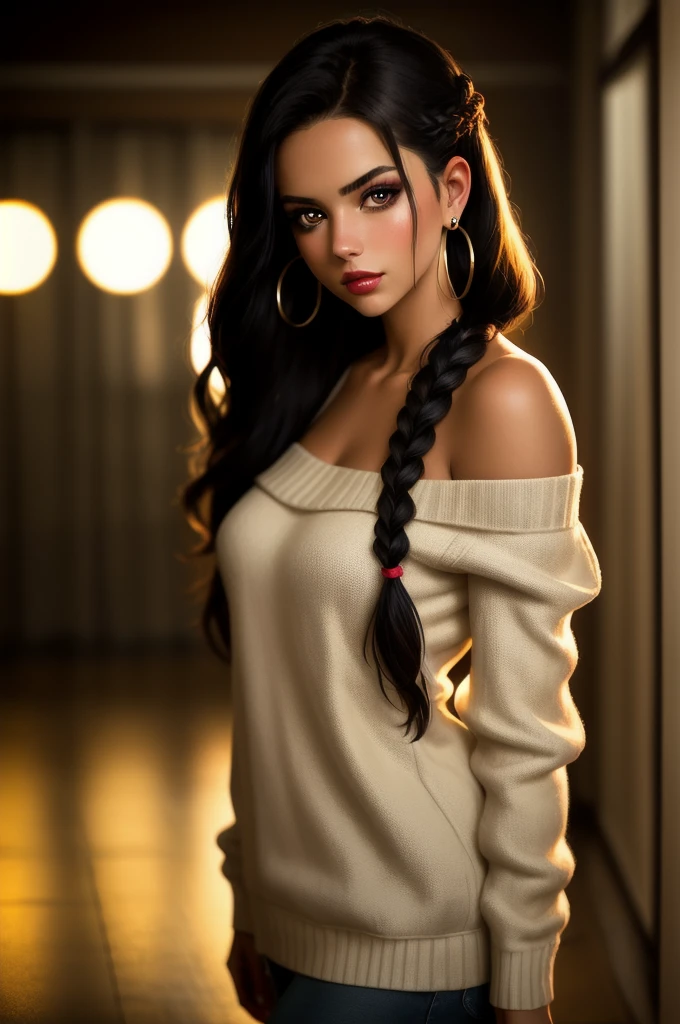 masterpiece,best quality, realistic illustration, style of Philip Lorca diCorcia,
cinematic film still portrait of a girl aged 18yo, 1girl, solo, black long hair, large braid, olive eyes, toned body, large bust size, dark skin, dark makeup, wearing an off the shoulder sweater, hoop earrings, perfect lips, posing for the camera, pretty face, vignette, highly detailed features, highly detailed body, high budget, bokeh, cinemascope, moody, epic, gorgeous, whole body photo, film grain, grainy