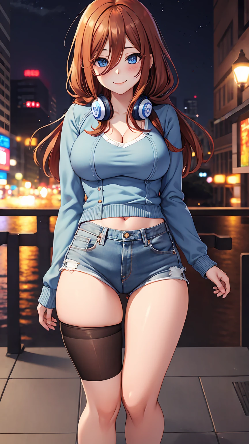 [nakano miku, brown hair, hair between eyes, blue cardigan, headphones, (((black pantyhose)))], 1girl, anime girl, anime, girl, 2d girl, 16y, (fullbody), blue eyes, smile, blush, cleavage, Solo, Slim, Big breasts, large Breasts, sfw, cowboy shot, Tight Shorts, low waist shorts, upshorts, outdoors, night background, looking at viewer, darker shadows, (((shorts))), (((thigh gap))), (((lowleg shorts))),