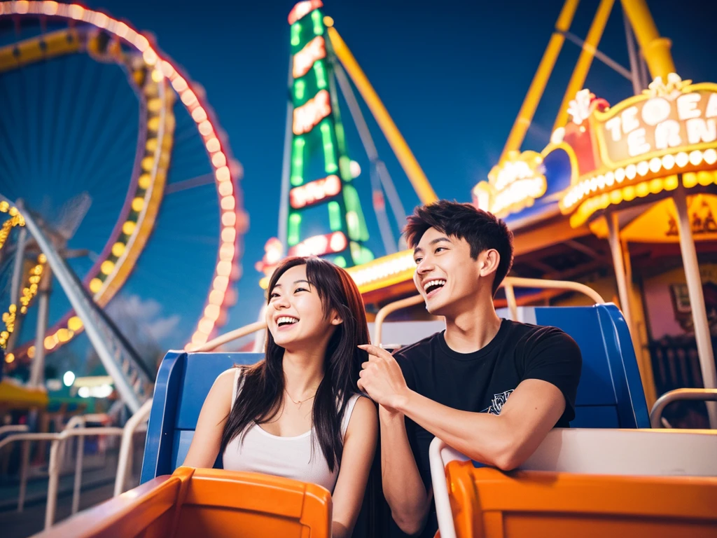 Real photo, long shot, amusement park, roller coaster, couple