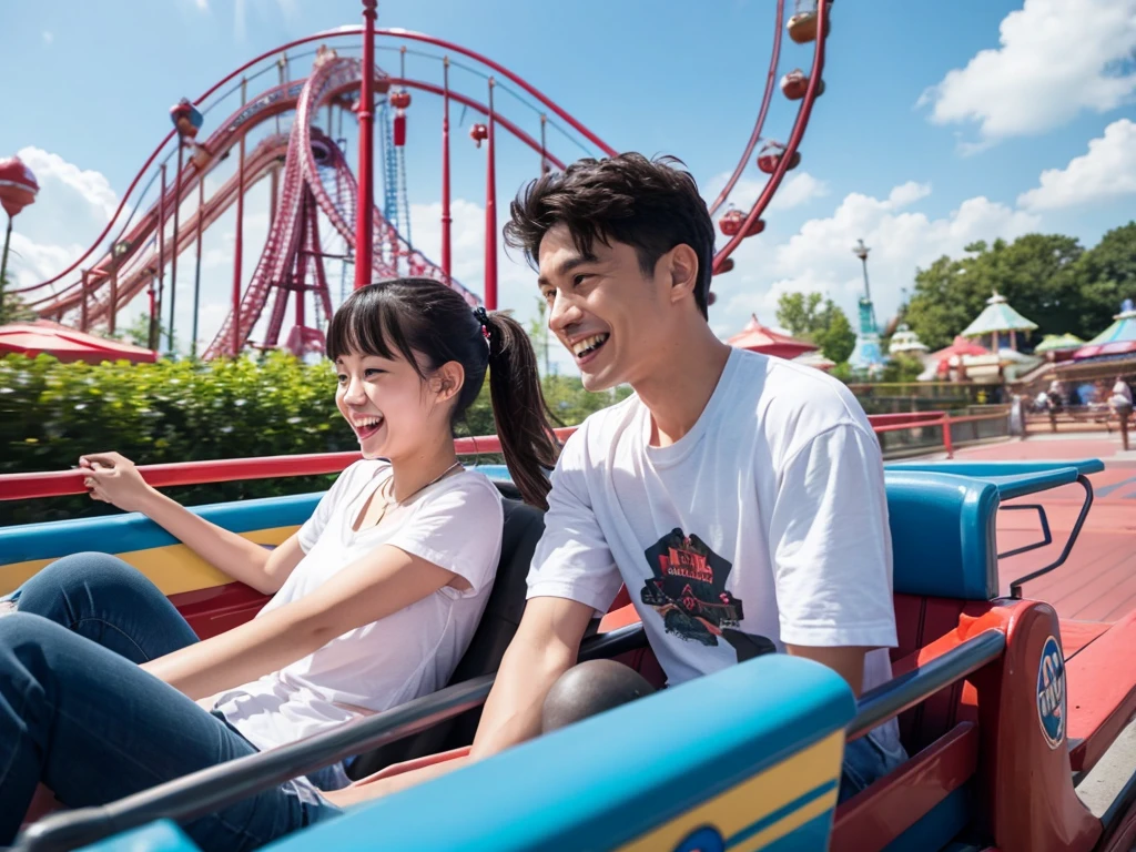 Real photo, long shot, amusement park, roller coaster, couple
