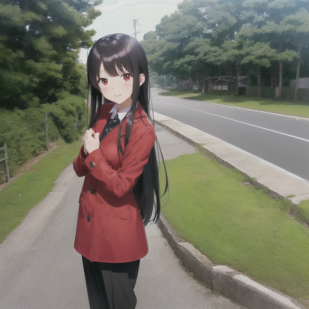 anime character with a red coat and black pants standing on a road, in style of kyoto animation, iwakura lain, anime visual of a cute girl, anime moe artstyle, kyoto animation still, a-1 pictures, close up iwakura lain, lain iwakura, high quality anime movie still, in a scenic background, young anime girl