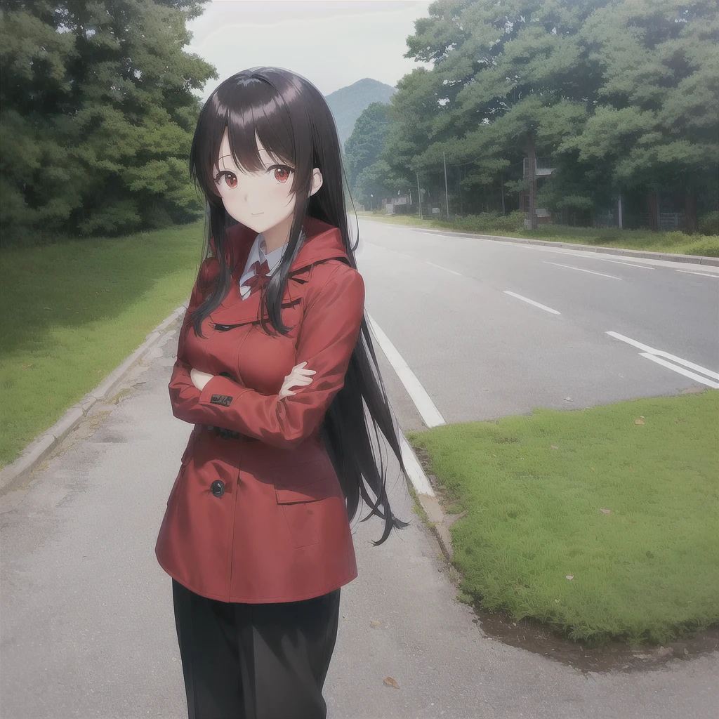 anime character with a red coat and black pants standing on a road, in style of kyoto animation, iwakura lain, anime visual of a cute girl, anime moe artstyle, kyoto animation still, a-1 pictures, close up iwakura lain, lain iwakura, high quality anime movie still, in a scenic background, young anime girl