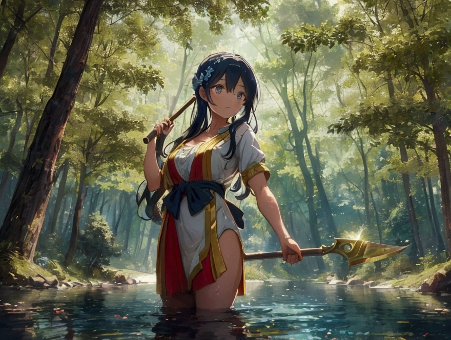 The scene should depict the woodcutter standing by a serene forest lake, looking surprised as a beautiful goddess emerges from the water holding a golden axe and a silver axe. The illustration should be vibrant and colorful, capturing the magical and honest spirit of the story.