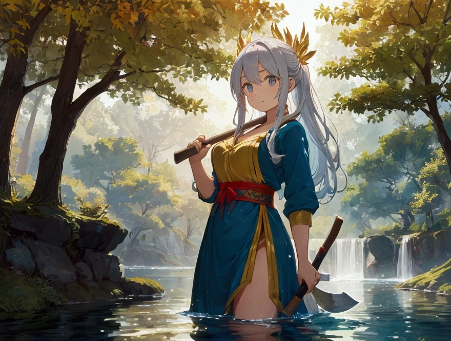 The scene should depict the woodcutter standing by a serene forest lake, looking surprised as a beautiful goddess emerges from the water holding a golden axe and a silver axe. The illustration should be vibrant and colorful, capturing the magical and honest spirit of the story.