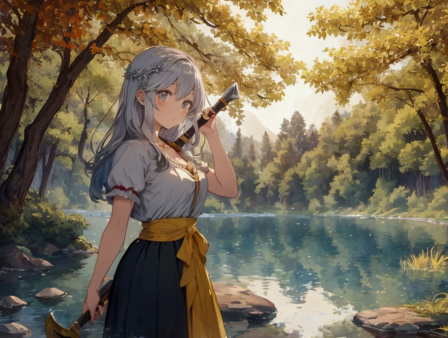 The scene should depict the woodcutter standing by a serene forest lake, looking surprised as a beautiful goddess emerges from the water holding a golden axe and a silver axe. The illustration should be vibrant and colorful, capturing the magical and honest spirit of the story.