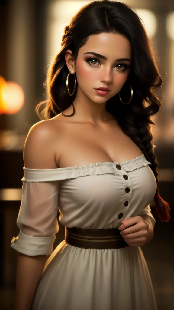 masterpiece,best quality, realistic illustration, style of Philip Lorca diCorcia,
cinematic film still portrait of a girl aged 18yo, 1girl, solo, black long hair, large braid, olive eyes, toned body, large bust size, big nipples, olive skin, dark makeup, wearing an off the shoulder blouse, hoop earrings, perfect lips, posing for the camera, pretty face, cute face, vignette, highly detailed features, highly detailed body, high budget, bokeh, cinemascope, moody, epic, gorgeous, whole body photo, film grain, grainy