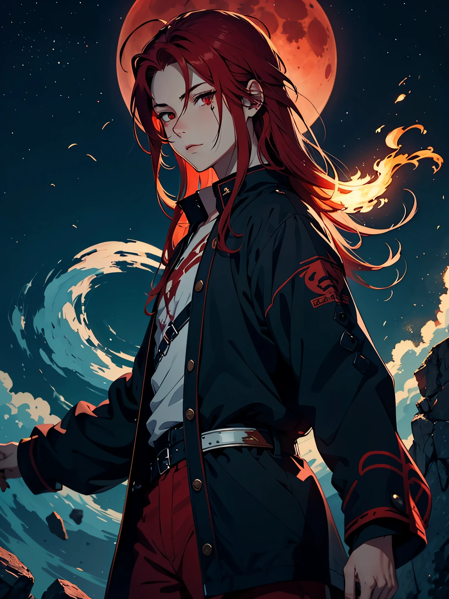 Nordic mythology. Blue 火. 火red hair. Red hair. Red eyeliner. Blood Moon. More anime. male. Long hair. Boy.