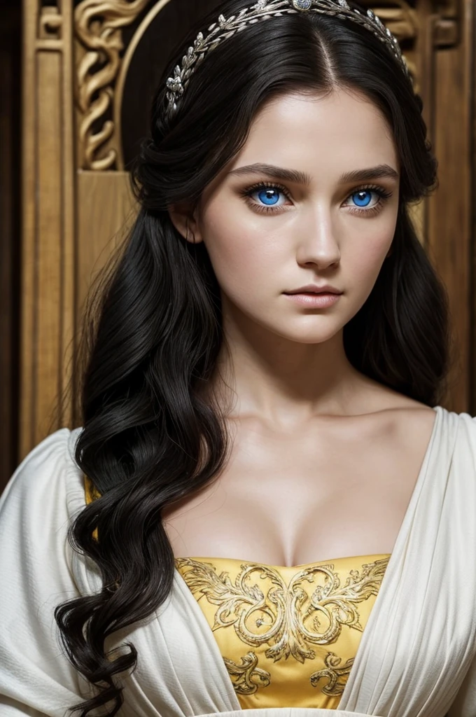 Beautiful noblewoman. Beautiful. House Baratheon. Yellow Dress and black. Long black hair curly and blue eyes. White skin. Dress sexy. Europan face. House Baratheon of Game of Thrones. Blue eyes. Close up
