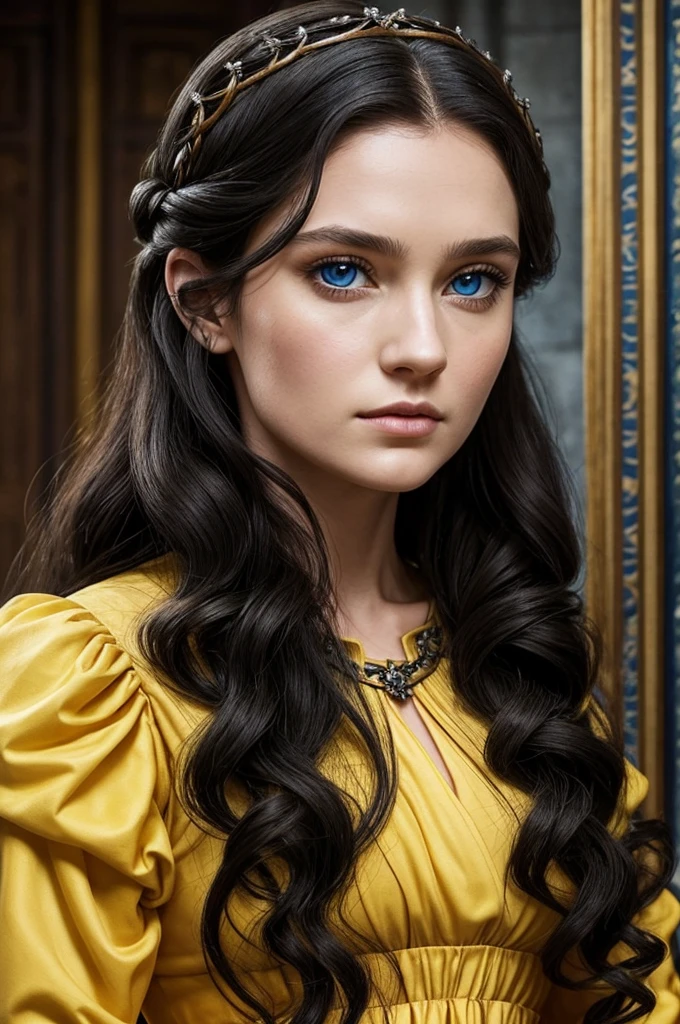 Beautiful noblewoman. Beautiful. House Baratheon. Yellow Dress and black. Long black hair curly and blue eyes. White skin. Dress sexy. Europan face. House Baratheon of Game of Thrones. Blue eyes. Close up
