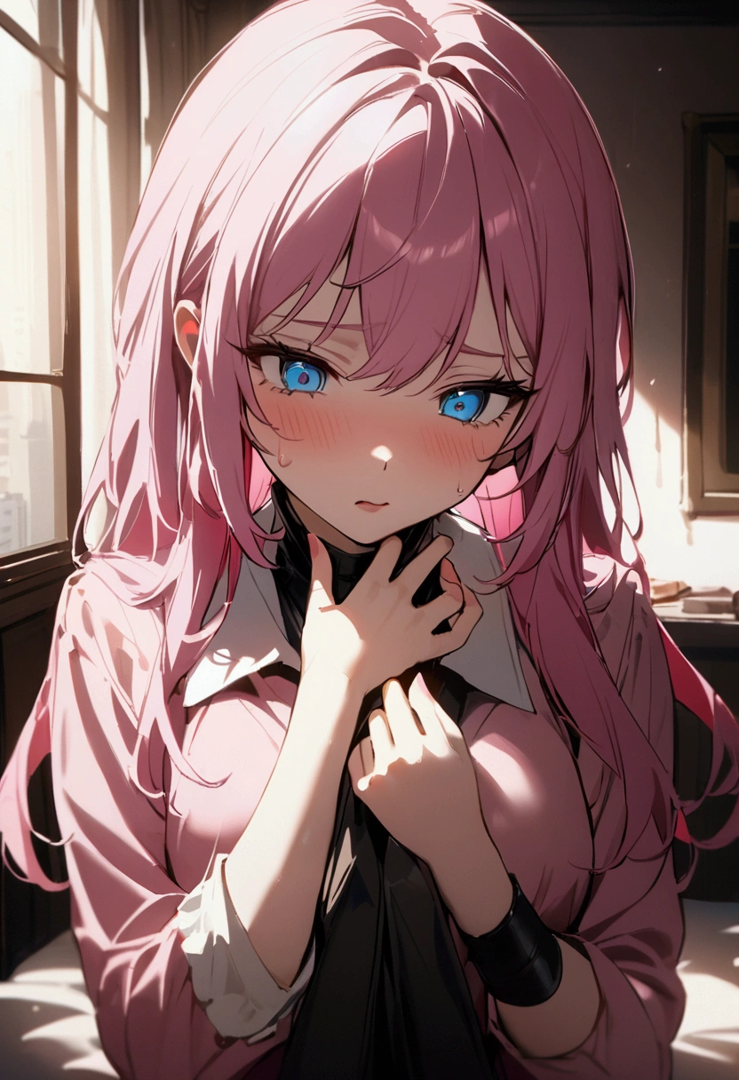 Knife at the throat、Being threatened、Teary-eyed pink-haired girl、blue eyes、The perpetrator touched her body