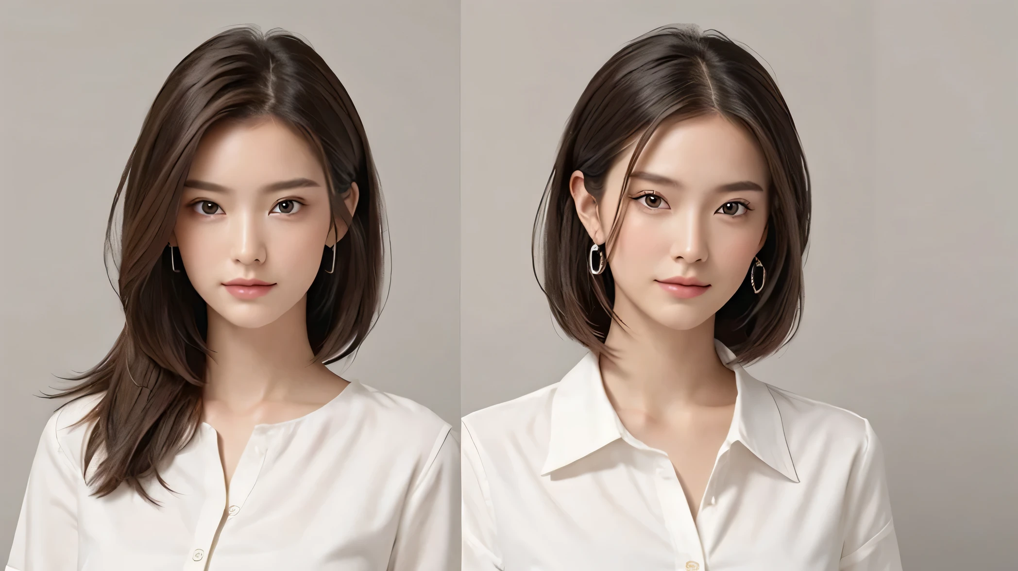 8k, Highest quality, masterpiece, Realistic, Super detailed, photo Realistic, Improvement of quality, Beautiful Face,The background is a beauty salon with a white interior, Calm face, Natural Beauty,A woman in her early 20s aiming to become a hairdresser,The hairstyle is shoulder-length and layered.,Wearing a shirt,A shot showing the upper body,Shows about 20% of the skin、The nation's beautiful girl,The depiction of hair is natural,One Woman,
