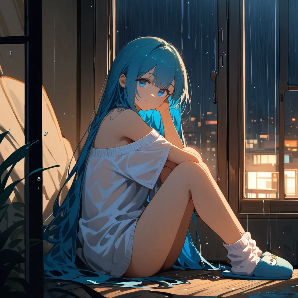 (masterpiece, best quality:1.2), 1girl, slippers, solo, blue_eyes, sitting, smile, window, looking_at_viewer, off_shoulder, open_white_shirt, blue_hair, white_socks, closed_mouth, bangs, loose_socks, indoors, knees_together_feet_apart, bare_shoulders, night, full_body, short_sleeves, rain, bare_legs, water_drop, very_long_hair, topless