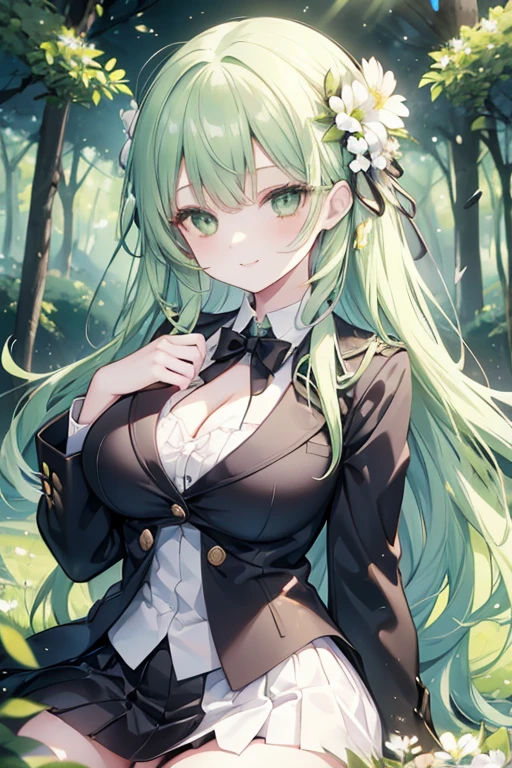 young girl, green hair, green eyes,beautiful and detailed eyes, big breasts, long hair, happy smile, black shirt,white blazer, black mini skirt, (Wide meadows, trees, flowers )