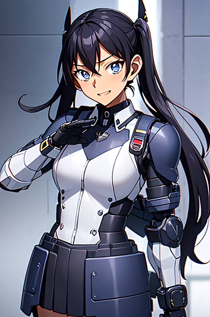 Mecha Wings、黒いskirt、Accentuated thighs、chest、Beautiful black hair、1 girl、solo girl、IS、Frame Arms Girl、Alice Gere Aegis、armor、Pink Line、income、headphone、hand on own chest、smile、Miike Naeko,One girl,alone,police,police uniform,uniform,policewoman,skirt,tie,Twin tails,Black Hair