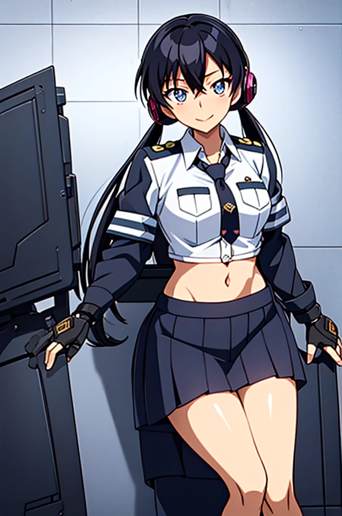 Mecha Wings、黒いskirt、Accentuated thighs、chest、Beautiful black hair、1 girl、solo girl、IS、Frame Arms Girl、Alice Gere Aegis、armor、Pink Line、income、headphone、hand on own chest、smile、Miike Naeko,One girl,alone,police,police uniform,uniform,policewoman,skirt,tie,Twin tails,Black Hair