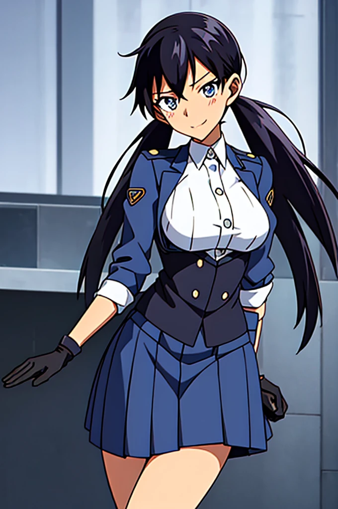 Mecha Wings、黒いskirt、Accentuated thighs、chest、Beautiful black hair、1 girl、solo girl、IS、Frame Arms Girl、Alice Gere Aegis、armor、Pink Line、income、headphone、hand on own chest、smile、Miike Naeko,One girl,alone,police,police uniform,uniform,policewoman,skirt,tie,Twin tails,Black Hair