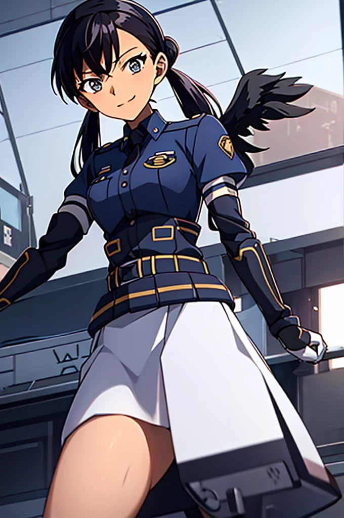 Mecha Wings、黒いskirt、Accentuated thighs、chest、Beautiful black hair、1 girl、solo girl、IS、Frame Arms Girl、Alice Gere Aegis、armor、Pink Line、income、headphone、hand on own chest、smile、Miike Naeko,One girl,alone,police,police uniform,uniform,policewoman,skirt,tie,Twin tails,Black Hair