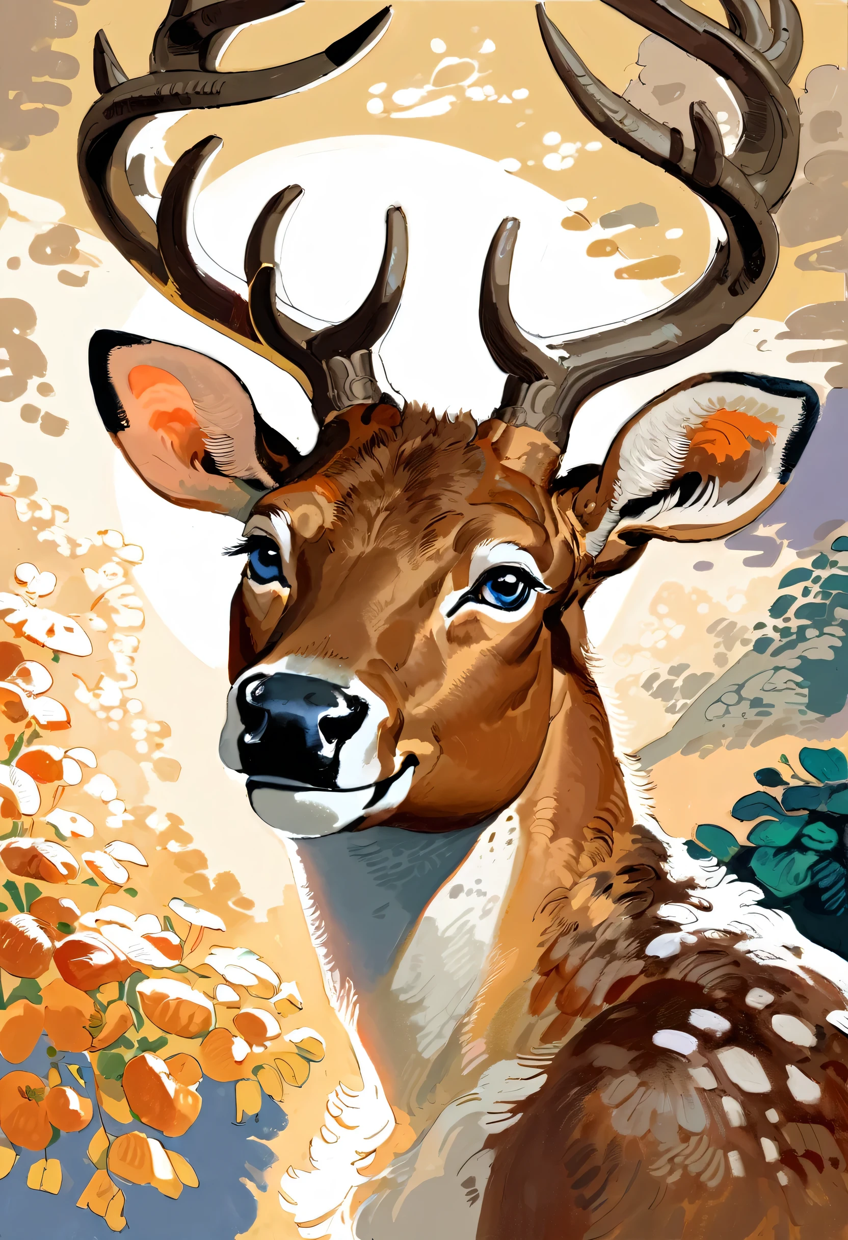 (deer), solo, male, (anthro), (by seyorrol), ((intricate detailed background)), realistic shading, (epic, masterpiece, high quality, 8k, ultra HD, absurd res, top quality, best quality, max quality, masterpiece), (feminine body), (correct anatomy:1.2), realistic blue eyes, happy expression, smiling, ((dynamic lighting)), ((perfect hands)), detailed fur, headshot,