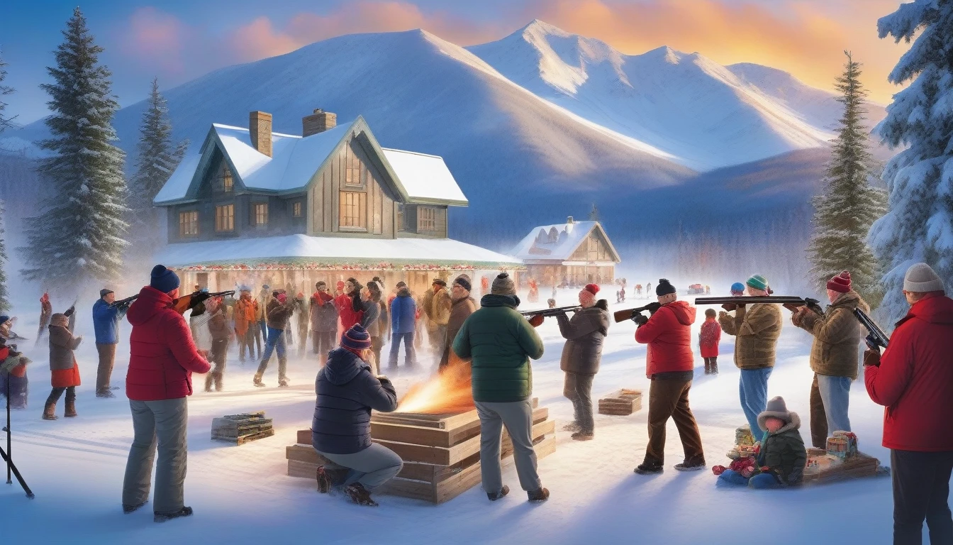 A dynamic scene showcasing a diverse group of people enjoying a winter shooting event in Canada. Participants are engaging in various activities like target shooting, skeet shooting, and gun safety demonstrations. The backdrop is a picturesque snowy landscape with festive decorations, emphasizing camaraderie and tradition in a vibrant, welcoming atmosphere.
