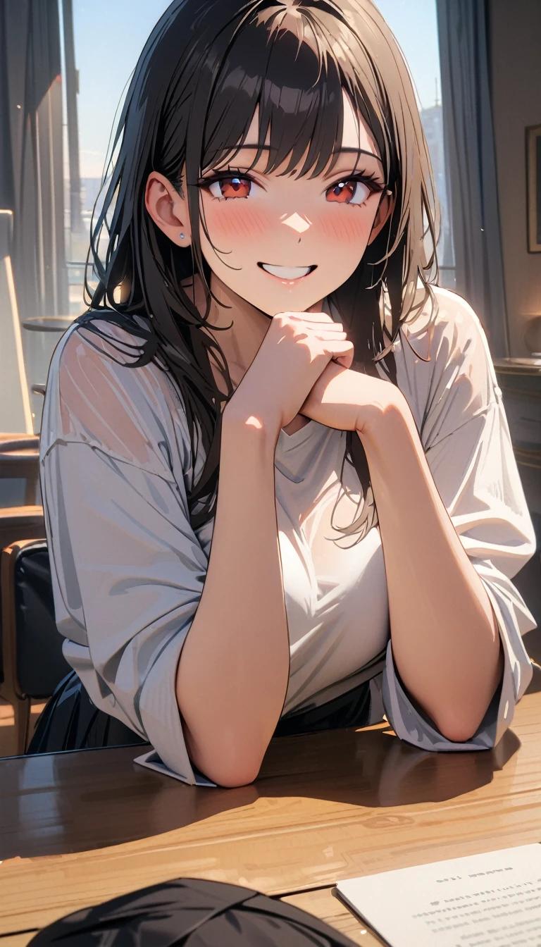 23 years old ,masterpiece , modern, Verism, masterpiece, super detail, best quality, 4K , A handsome man and A beautiful woman, smile, happy , 隣に並んで座っている
