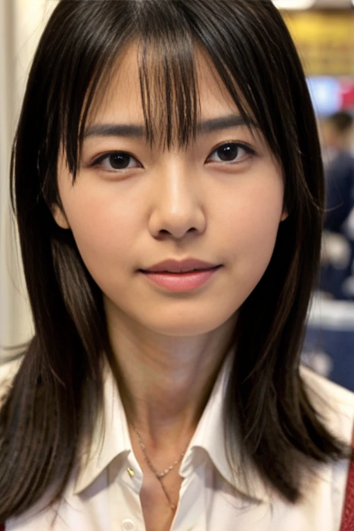((cowboy shot:1.5)), ((Flat Chest:1.5)), ((skinny:1.5)), (View your audience:1.5), (Looking into the camera:1.5), Japanese, Short arms, ((Narrow eyes)), ((light eyebrows:1.5)), ((thin eyebrows:1.5)), Fleeting atmosphere, 38 years old, BREAK ((beautiful long straight hair:1.5)), ((bangs:1.5)), ((Thin lips)), ((In the city of Ginza)), ((Midi-length belted collared shirt dress)), ((necklace)), masterpiece, Highest quality, Detailed skin, Detailed face, fine grain, 8k, Excellent anatomy, Portraiture, (random pose), Very small mole on left cheek,