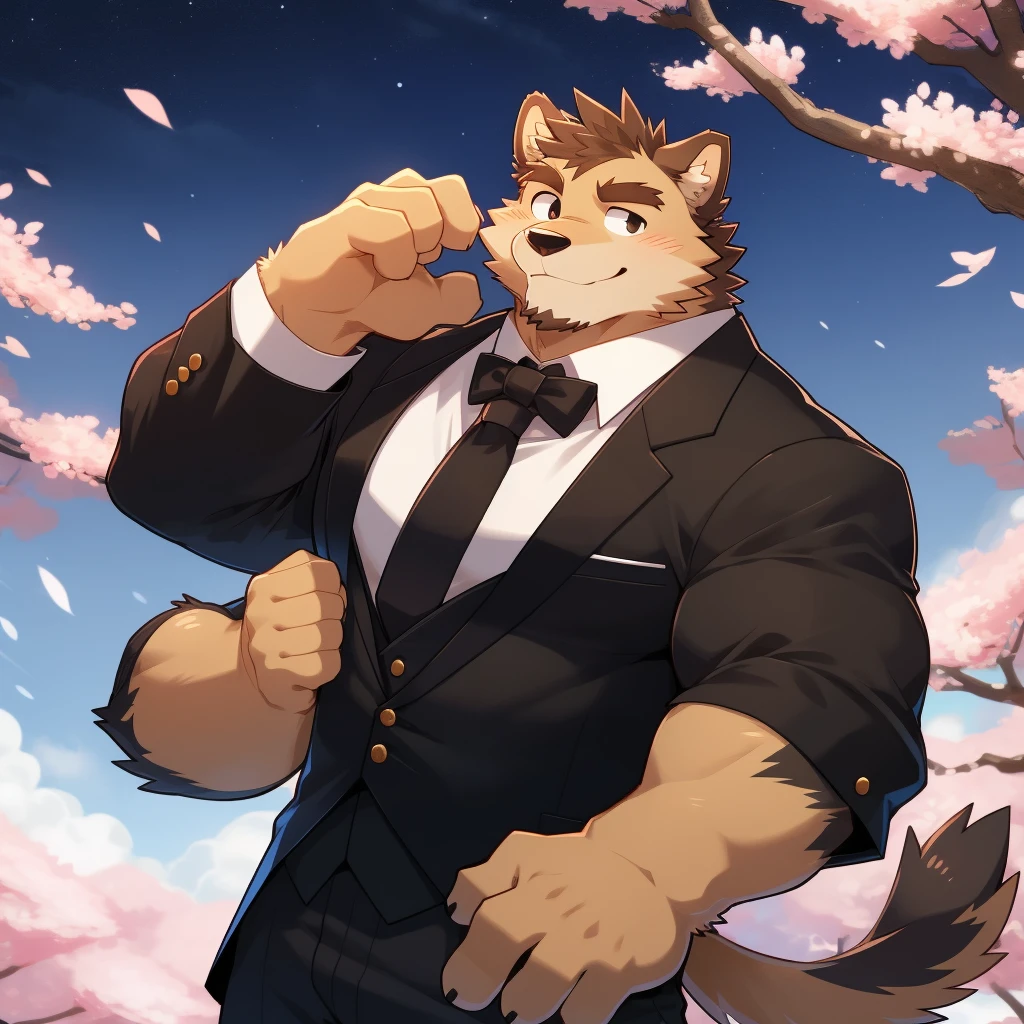 Scribble 德国牧羊dog face,Humanity(dog),(Formal wear:1.3),Muscular,(Brown eyebrows:1.1),(Close one eye:1.2),(Perfect black eyes),Cherry blossoms,Black fur,Night Sky,(artist:Takemoto Arashi)