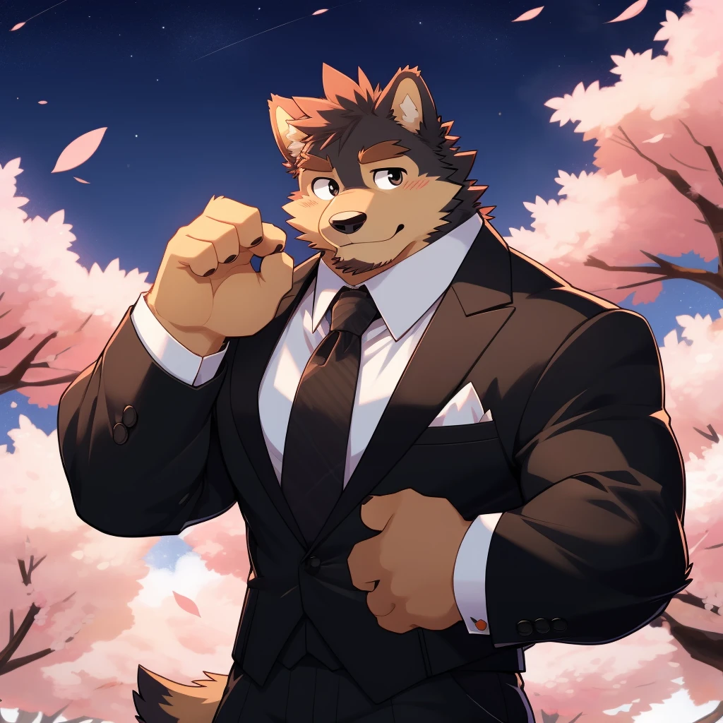 Scribble 德国牧羊dog face,Humanity(dog),(Formal wear:1.3),Muscular,(Brown eyebrows:1.1),（Close one eye:1.2）,(Perfect black eyes),Cherry blossoms,Black fur，Night Sky，（artist:Takemoto Arashi）