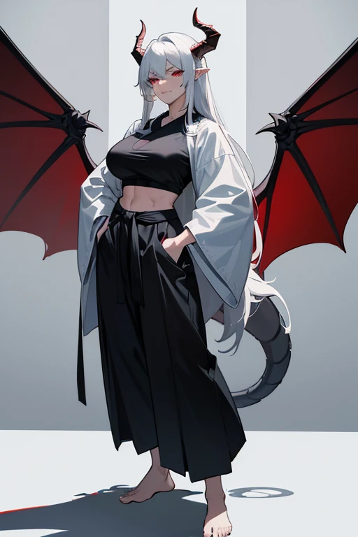 1 woman, muscular, mature woman, tall woman, (white hair, very long hair, red eyes, big breasts, big thighs, grey dragon horns, grey dragon tail, grey dragon wings), forest, (black haori, grey crop top shirt, baggy white hakama pants, black cloth belt, no shoes), hands in pockets, smirk, (best quality, 4k, 8k, highres, masterpiece:1.2), ultra-detailed, digital painting, highly detailed, vibrant colors, dramatic shadows