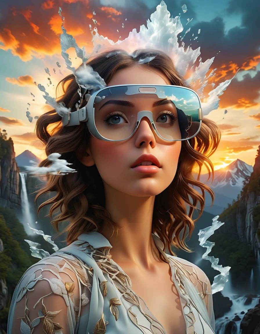 Double Exposure Human-Nature, Clouds, Waterfall, mountain, sunset, nature mind, expressive creative art, surrealistic concept art, ethereal landscape in a cloud of magic coming out the top of a glass broken Girl face, Girl adorned in virtual reality glasses, incredible details, trending on art-station, sharp focus, studio photo, intricate details, highly detailed, by Greg Rutkowski