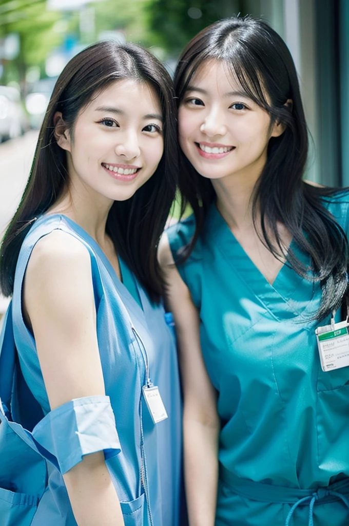 Dental hygienist, wearing blue-green medical scrubs, Japanese, black hair, two women in their early 20s　Upper body close-up　smile　Shooting outside　Harmony々　No accessories included　