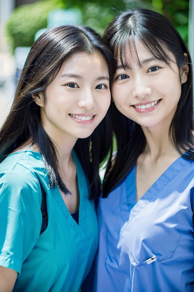 Dental hygienist, wearing blue-green medical scrubs, Japanese, black hair, two women in their early 20s　Upper body close-up　smile　Shooting outside　Harmony々　No accessories included　